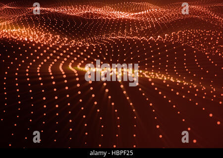 3D rendering Hi-tech digital terrain, rosso spazio astratto su sfondo scuro con punti di collegamento e le linee. Foto Stock