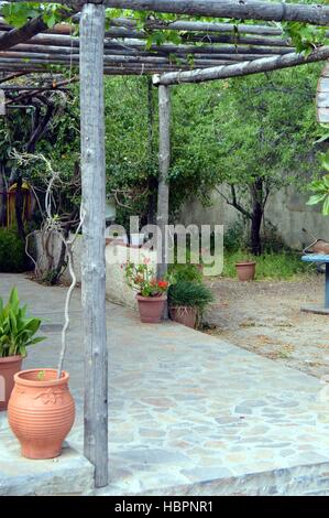 Una pergola in legno con un vigneto. Foto Stock