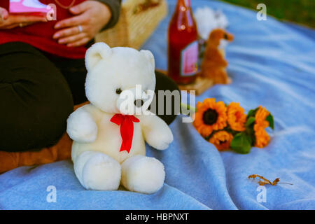 Donna incinta tiene i suoi bambini Teddy bear. Foto Stock