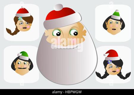 Babbo Natale e la sig.ra Santa Claus e gli elfi è button, chiave, pulsante Illustrazione Vettoriale