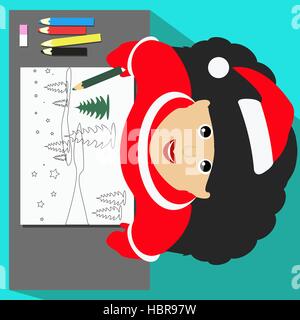 Miss Snow Maiden Babbo Natale vista da sopra si basa su di un foglio bianco per la scrittura di testo matite paesaggio banner di Natale illustrazione Illustrazione Vettoriale