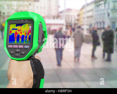 Registrazione con telecamera termica persone camminando per le strade della città Foto Stock