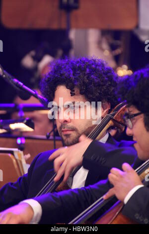 Violoncello i giocatori del Landesjugendzupforchester BB durante il Classic Open Air concerto su luglio 6, 2014 a Berlino, Germania Foto Stock