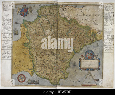L'immagine raffigura una mappa stampata del Devon del 1575, che mostra città, fiumi, strade, topografia, posizioni difensive, punti di riferimento, confini, insediamenti e annotazioni di Lord Burghley sulla difesa della contea. Foto Stock