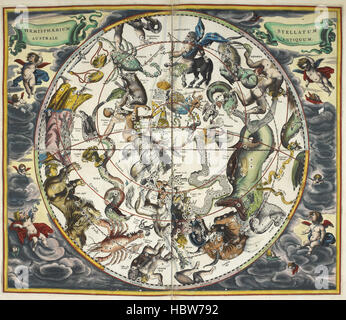 Atlas Coelestis. Harmonia Macrocosmica seu Atlas Universalis et novus, totius universi win Cosmographiam generalem, et novam exhibens Studio et labore Andreae Cellarii, ecc. - Didascalia: 'Le costellazioni, con segni astrologici dello Zodiaco". Atlas Coelestis Harmonia Macrocosmica seu Atlas Universalis et novus, totius Foto Stock