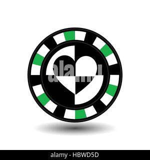 Chip per poker verde una tuta cuore bianco nero un icona sul bianco isolato. Sfondo immagine eps vettore 10. Da utilizzare per i siti web desi Illustrazione Vettoriale