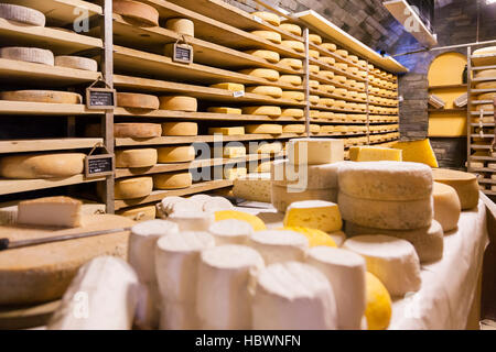 Magazzino di stagionatura del formaggio Fontina Valpelline, Valle d'Aosta, Italia Foto Stock