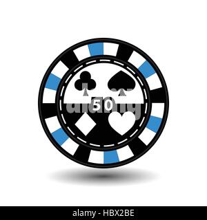 Chip per poker blu 50 nel mezzo e rettangoli con un lato. rotondo e bianco linea punteggiata linea. un icona sul bianco sfondo isolato. illustra Illustrazione Vettoriale
