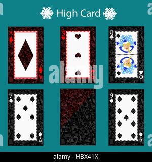 Carta alta mano di poker combinazioni di classifica. Carte da poker set. Schede isolato su sfondo verde. Carte da gioco set. Illustrazione Vettoriale