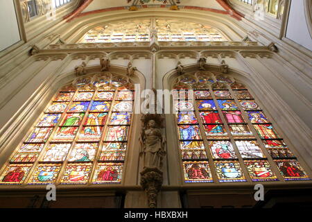 Le vetrate colorate in Sint-Janskathedraal medievale (St. Cattedrale di Giovanni) nella città di Den Bosch, Brabant, Paesi Bassi. Foto Stock