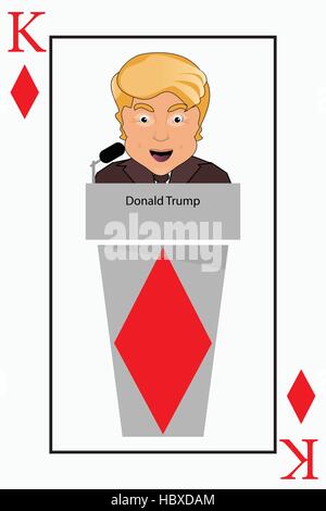 Per dare a Donald Trump un intervista una tribuna, a parlare nel microfono, la propaganda. Card king diamond. illustrazione vettoriale EPS 10. Spia On è Illustrazione Vettoriale