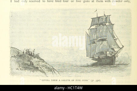 L'immagine di pagina 366 raffigura scene di Robinson Crusoe, tra cui il protagonista, paesaggi dell'isola, rifugi, animali, strumenti e attività di sopravvivenza, che illustrano eventi narrativi e avventure. Foto Stock