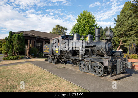 Old Pacific Lumber Company locomotiva a vapore e dei bandi di gara al Scotia Museum in Scozia, California. Foto Stock