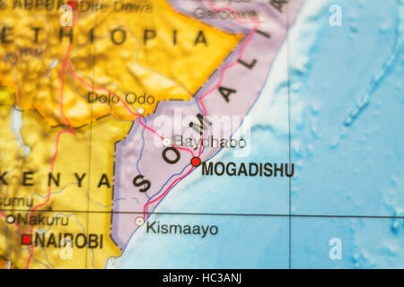 Foto di una mappa della Somalia e la capitale Mogadiscio . Foto Stock