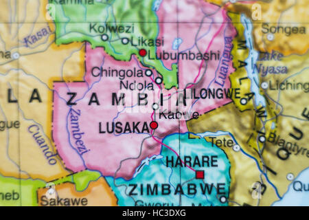 Foto di una mappa di Zambia e il capitale Lusaka . Foto Stock