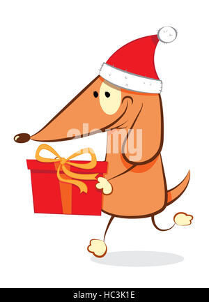 Un vettore cartoon che rappresentano un simpatico cane che indossa un cappello da Babbo Natale e portante un presente in una casella rossa Foto Stock