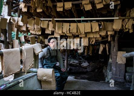 (161208) -- CHONGQING, 8 dicembre, 2016 (Xinhua) -- Li Gaoqiang siede in officina per la realizzazione di "Tuhuo' carta Xinglong in città, a sud-ovest della Cina di Chongqing, 7 dicembre, 2016. Li la famiglia, vivendo in Xinglong città di Chongqing ha tramandato l'artigianato tradizionale di rendere "Tuhuo' carta attraverso cinque generazioni. "Tuhuo' carta, fatto di bambù che cresce in aree locali, richiede elevati standard di tecniche attraverso tutte le fasi di lavorazione. Tuttavia, ad alta intensità di manodopera, scarse vendite e bassi rendimenti, l'imbarcazione viene ereditato da alcuni giovani, che ha spinto il governo a sviluppare come un turi Foto Stock