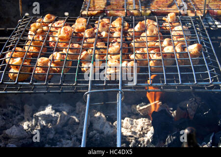 Verdure grigliate barbecue picnic sano cibo shish kebab con arrosti di funghi champignon,melanzana sul carbone ember braciere. Foto Stock