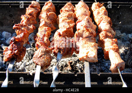 Grigliata di shish kebab su spiedino di metallo, primo piano. Arrosti di carni cotte al barbecue. Barbecue di carne bovina fresca tritate Fette. Tradizionale piatto orientale. Grill a carbone Foto Stock