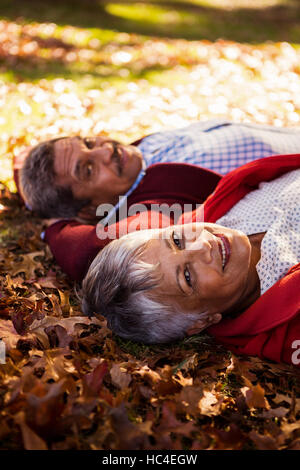 Coppia matura giacente sul campo nel parco Foto Stock