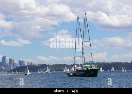 La nave di Greenpeace Rainbow Warrior ancorato nel porto di Sydney Foto Stock