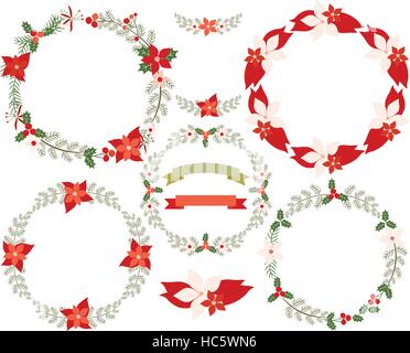 Round ghirlanda di Natale border impostato con rami, foglie, fiori, poinsettia nei colori rosso e verde. Per i biglietti di auguri e disegni di festosa, inviti Illustrazione Vettoriale
