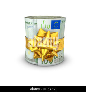Rotolo di denaro dono euro / 3D illustrazione di arrotolato a centinaia di banconote legate con nastro Foto Stock