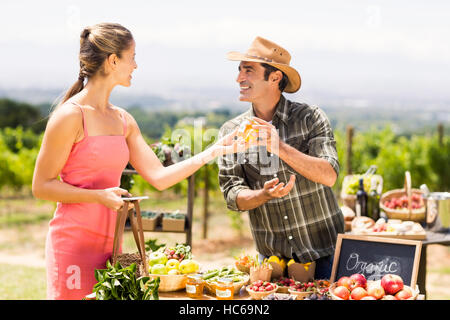 Imprenditore vendendo i suoi prodotti biologici per il cliente Foto Stock