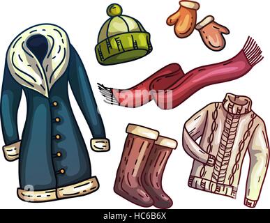Set di caldo inverno abiti e accessori. Set di moda abbigliamento. Sciarpa, winter hat, cappotto, stivali, guanti caldi con pelliccia. Illustrazione Vettoriale Illustrazione Vettoriale