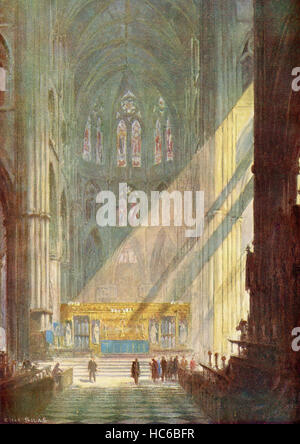 L'Abbazia di Westminster, City of Westminster, Londra, Inghilterra. L'altare maggiore, dove le incoronazioni di inglese e di monarchi Inglesi sono detenuti. Da loro graziose maestà il Re Giorgio VI e la Regina Elisabetta, pubblicato nel 1937. Foto Stock