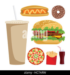 Serie di cartoni colorati fast food icone. Vettore isolato. Foto Stock