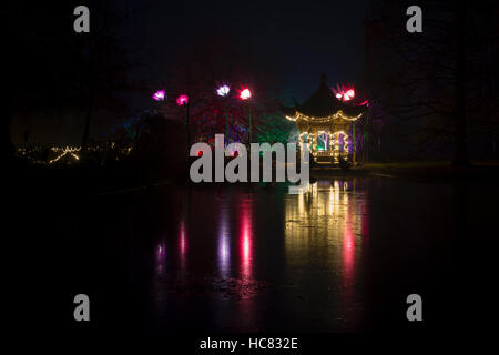 La pagoda di natale e le luci ad albero a RHS Wisley Gardens, Surrey, Inghilterra. Natale Glow Festival 2016 Foto Stock