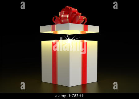 Confezione regalo con luce brillante, rendering 3D isolati su sfondo nero Foto Stock