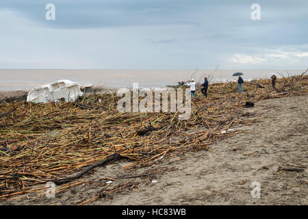 Fuengirola, Malaga, Spagna. 4 dicembre 2016. Spiaggia piena di detriti. La più pesante pioggia negli ultimi 25 anni Foto Stock