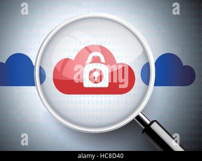 Lente di ingrandimento con lucchetto su cloud icone su sfondo digitale Illustrazione Vettoriale