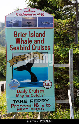 Un segno di Brier Island di balena e di uccelli di mare crociere in Nova Scotia, Canada. La zona è conosciuta per il whale watching. Foto Stock