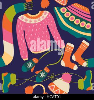 Seamless pattern con l'abbigliamento invernale. Woollies caldo. Abbigliamento per il tempo freddo. Guanti,cappelli, sciarpa, maglioni, gonna, scarpe e calze con ornamento Illustrazione Vettoriale