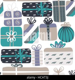 Modello senza cuciture con diverse confezioni regalo. Carino il design. Colorato presenta creativa. Sfondo di ripetizione Illustrazione Vettoriale