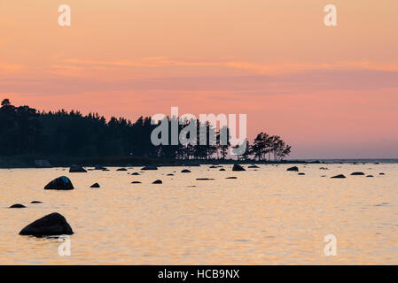 Massi in acqua, luce della sera al Mar Baltico, Golfo di Finlandia, Eisma, Estonia Foto Stock