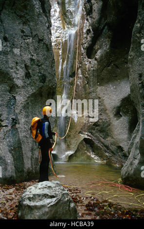 Uomo di cordata mentre canyoning, Stiria, Austria, Europa Foto Stock