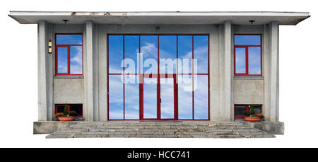 Portale di calcestruzzo e la scaletta del vecchio edificio comunale. Porte di vetro e isolato con patch. In Windows il cielo di autunno viene riflesso. Fatte a mano urb Foto Stock