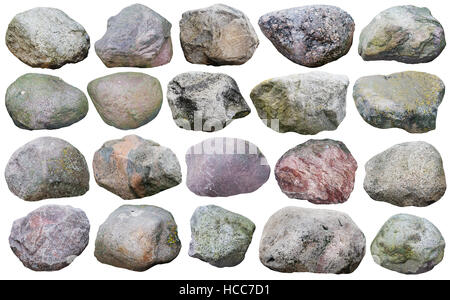 Venti grandi pietre di granito e massi di varie forme e colori impostati. Isolato su bianco collage da molte foto all'aperto Foto Stock