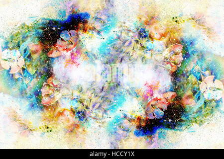 Spazio cosmico con fiori di colore sfondo galaxy, computer collage. Foto Stock