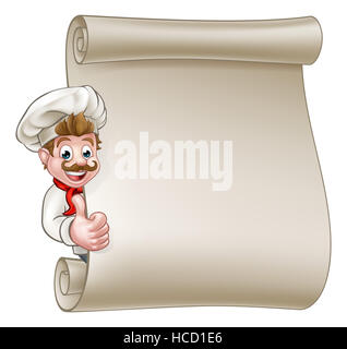 Cartoon chef o baker personaggio dando Thumbs up e spiata intorno a segno o di scorrimento del menu Foto Stock