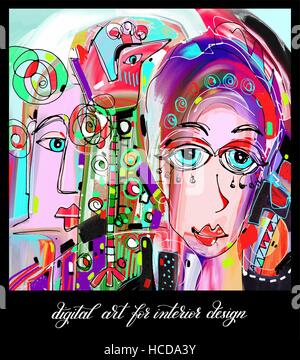 Originale contemporanea pittura digitale del volto umano donne portr Illustrazione Vettoriale