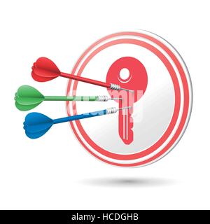 Icona a chiave bersaglio con freccette colpendo su di esso su bianco Illustrazione Vettoriale