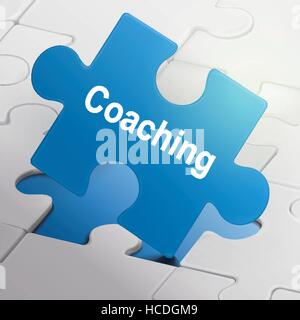 Parola di coaching su blu i pezzi del puzzle sullo sfondo Illustrazione Vettoriale