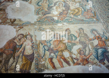 Mosaico romano di Appolo e Marsia, casa di Aion, Paphos parco archeologico, Cipro Foto Stock