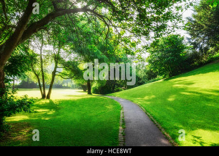Verde primavera park. Il parco della città con il percorso, freschi per la cura di prati e alberi della mattina. In primavera il paesaggio sullo sfondo. La bellezza di Natura Foto Stock