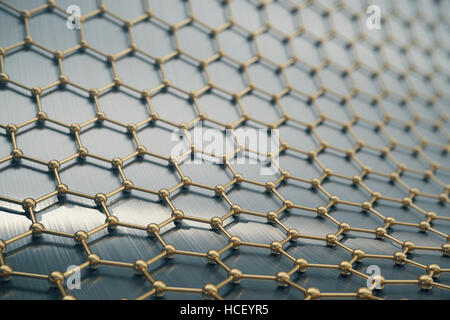 Il rendering di nanotecnologia oro esagonale forma geometrica di close-up, concetto grafene struttura atomica, molecolare Foto Stock